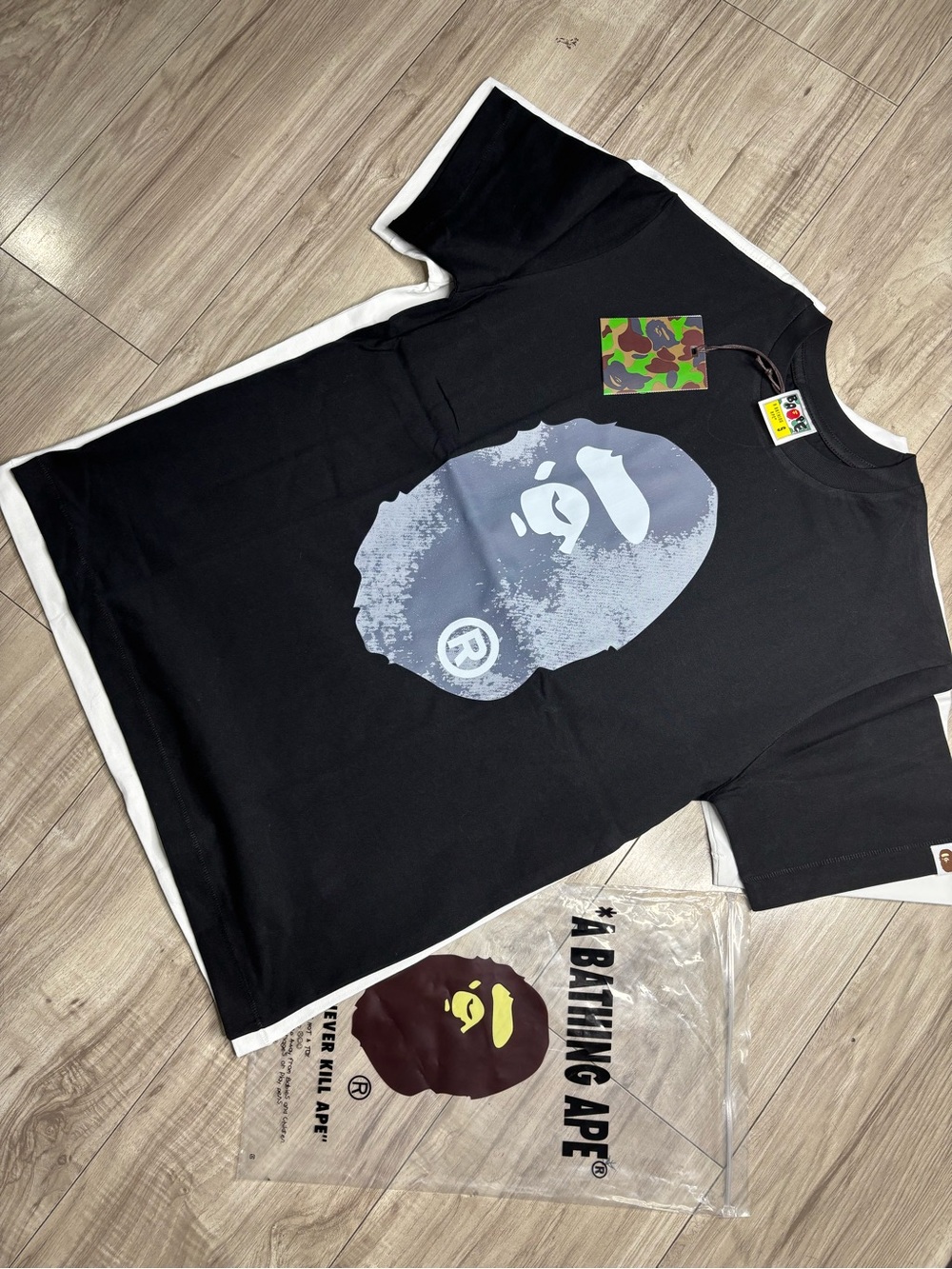 Bape Black Short Sleeve Tee with Large Gray Ape Head Graphic